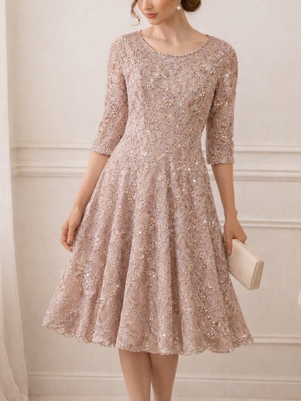 Lace A-Line Formal sequin Dress in Taupe cocktail mother of the bride sz 12
